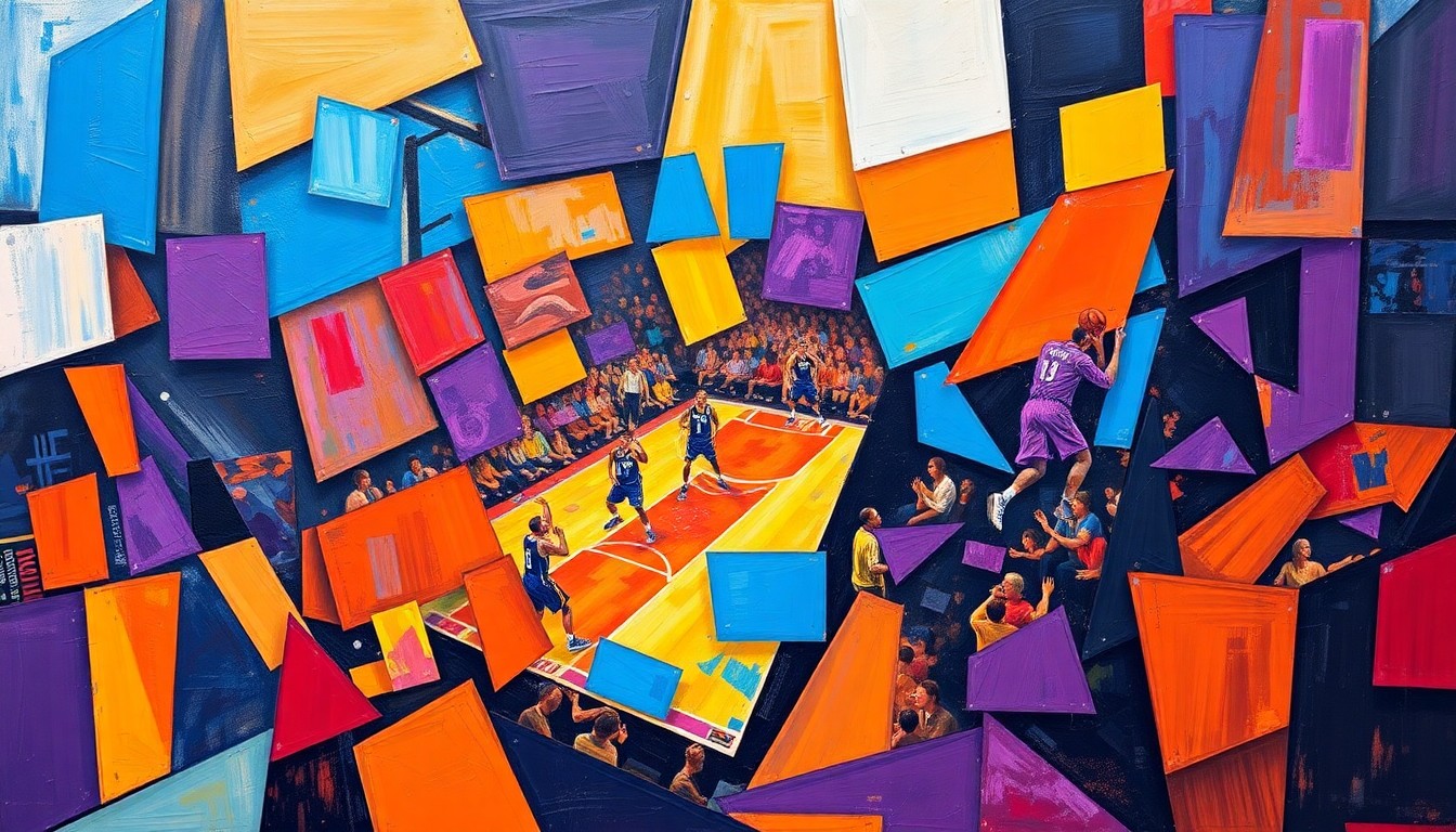 A cubist, fragmented painting depicting a basketball game or playoff action, with sharp geometric shapes in vibrant colors like blue, orange, and purple, conveying the dynamic energy of the Thunder's title defense.
