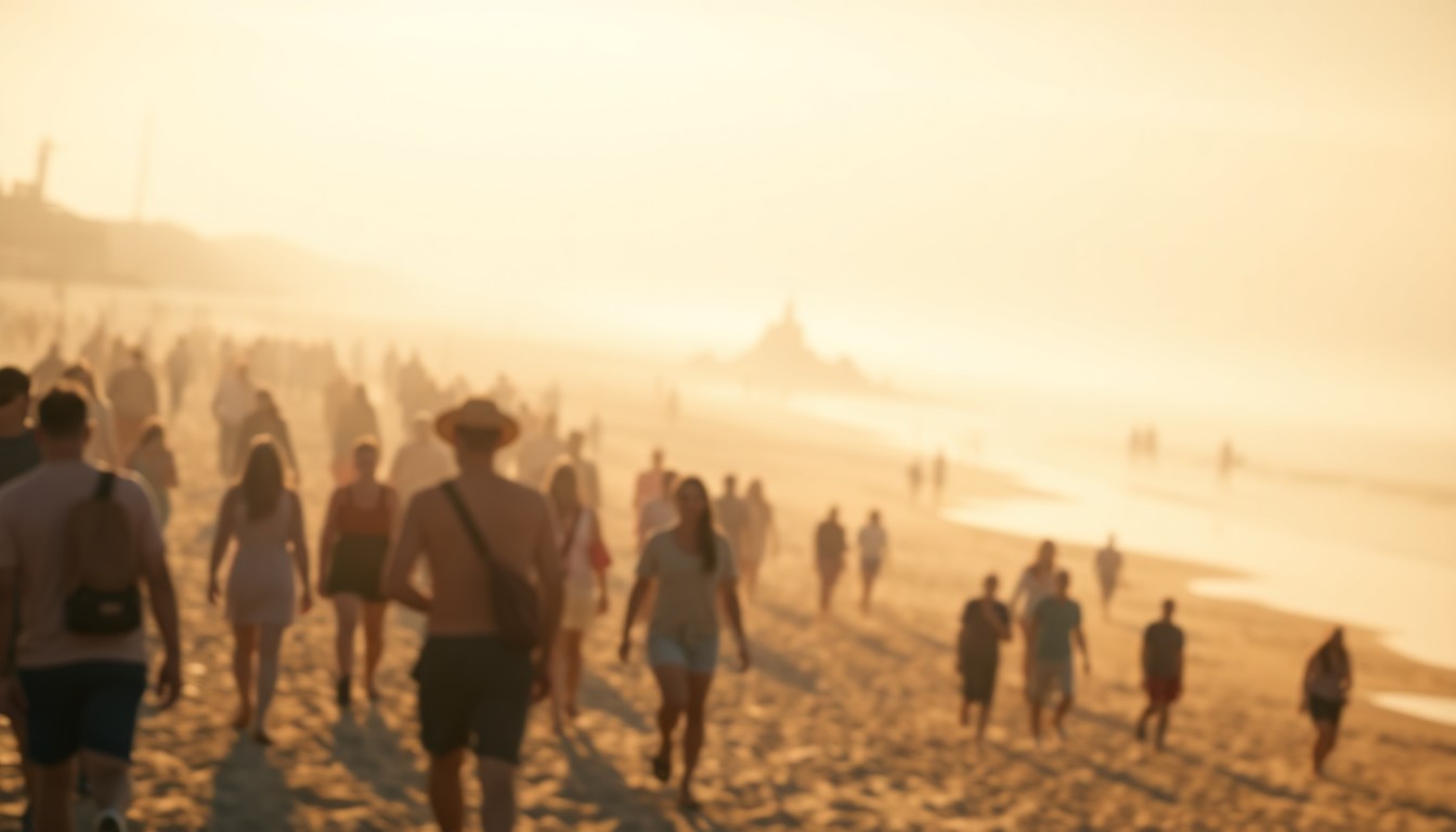 An out-of-focus, atmospheric photograph of a crowd of people walking along a sun-dappled beach, with the distant outline of sand sculptures visible in the background, conceptually representing the vibrant energy and community spirit of the SandFest festival.