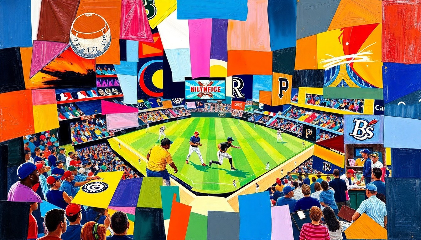 A cubist, geometric painting featuring overlapping planes of blue, yellow, and black, conceptually representing the dramatic final moments of the Rays-Pirates baseball game.