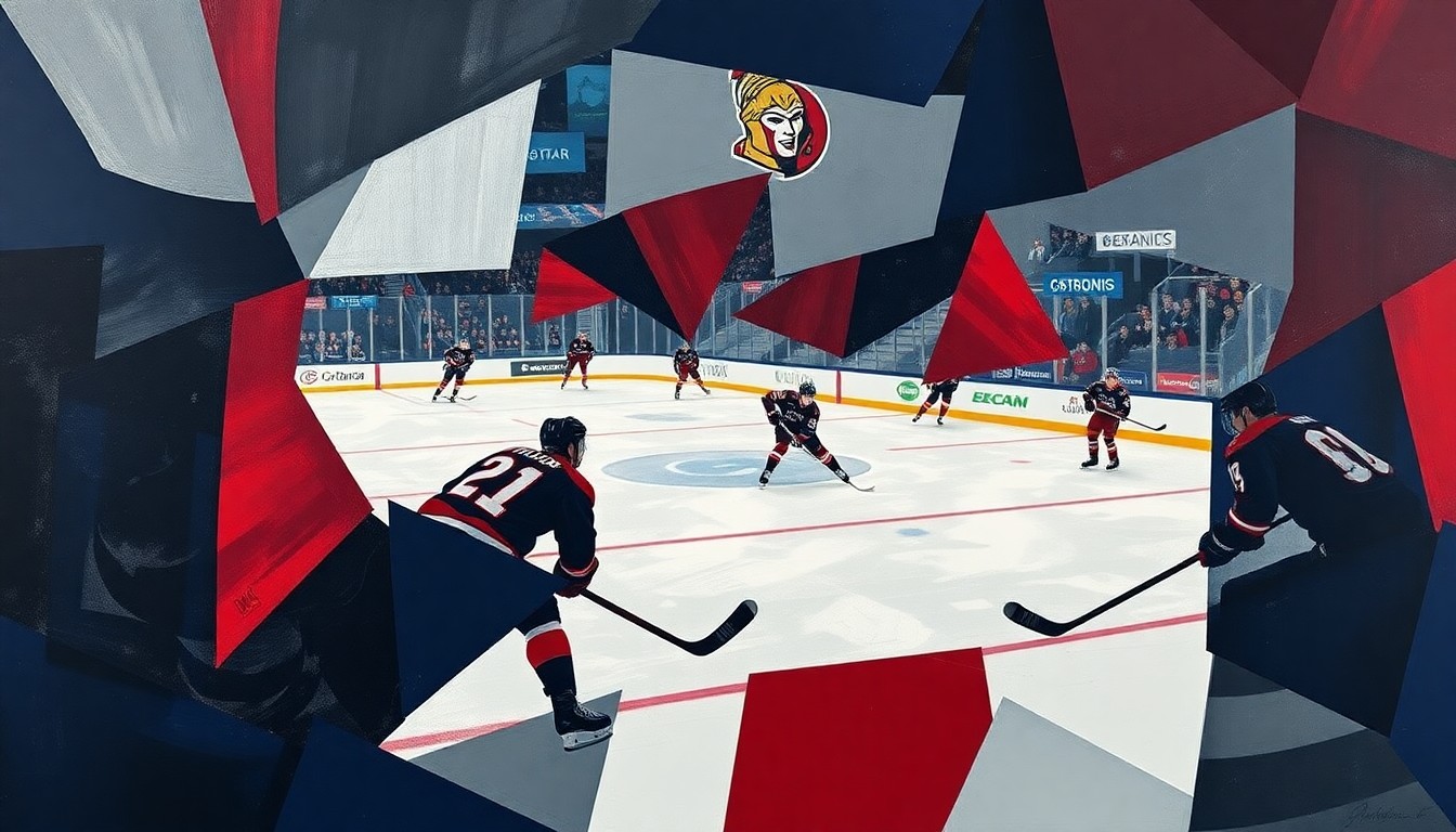 A fragmented, geometric painting in shades of blue, red, and grey, depicting the angular, overlapping shapes of hockey players and the ice, conveying the intensity and defensive focus of the Hurricanes' Game 1 victory over the Senators.
