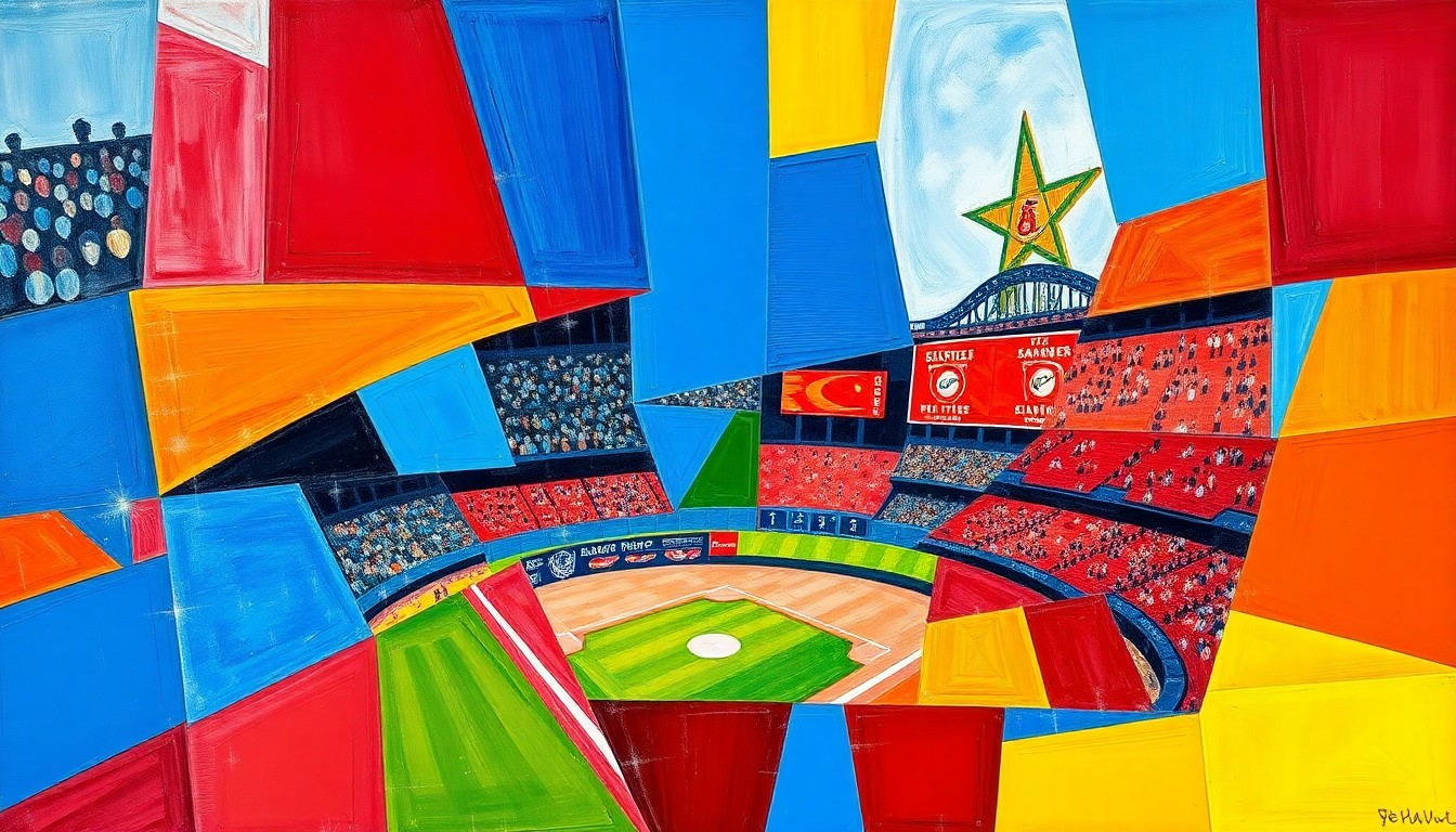 A cubist, geometric painting featuring overlapping planes of bright blue, red, and yellow, conceptually representing the energy and movement of a baseball game.
