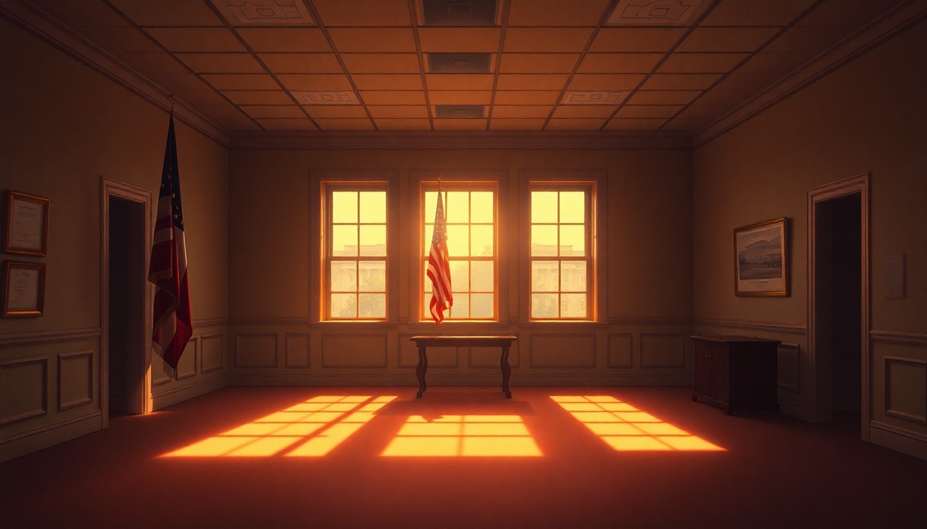 A dimly lit, cinematic painting of an empty government office space, with a single American flag hanging limply in the corner, conveying a sense of political stagnation and disillusionment.