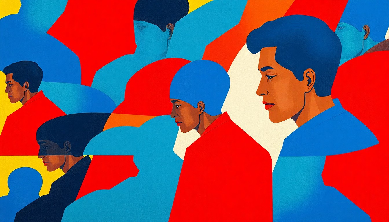 A dynamic, abstract painting of a human figure repeated in overlapping, fractured geometric shapes in vibrant colors, conceptually representing the complex and contentious debate over immigration enforcement.