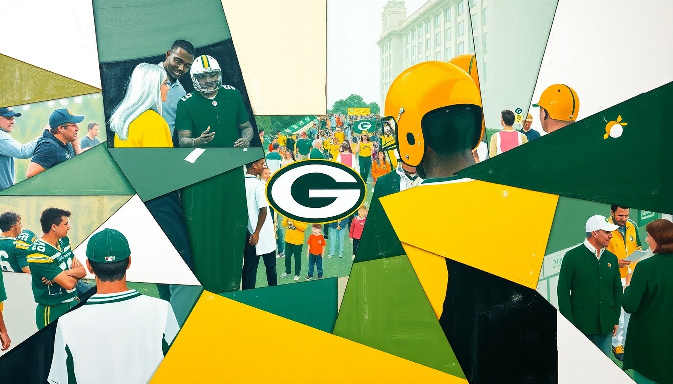 A cubist, geometric painting depicting an abstracted Packers Tailgate Tour event, with overlapping planes of green, gold, and white shapes representing players, fans, and community members engaged in the festivities.