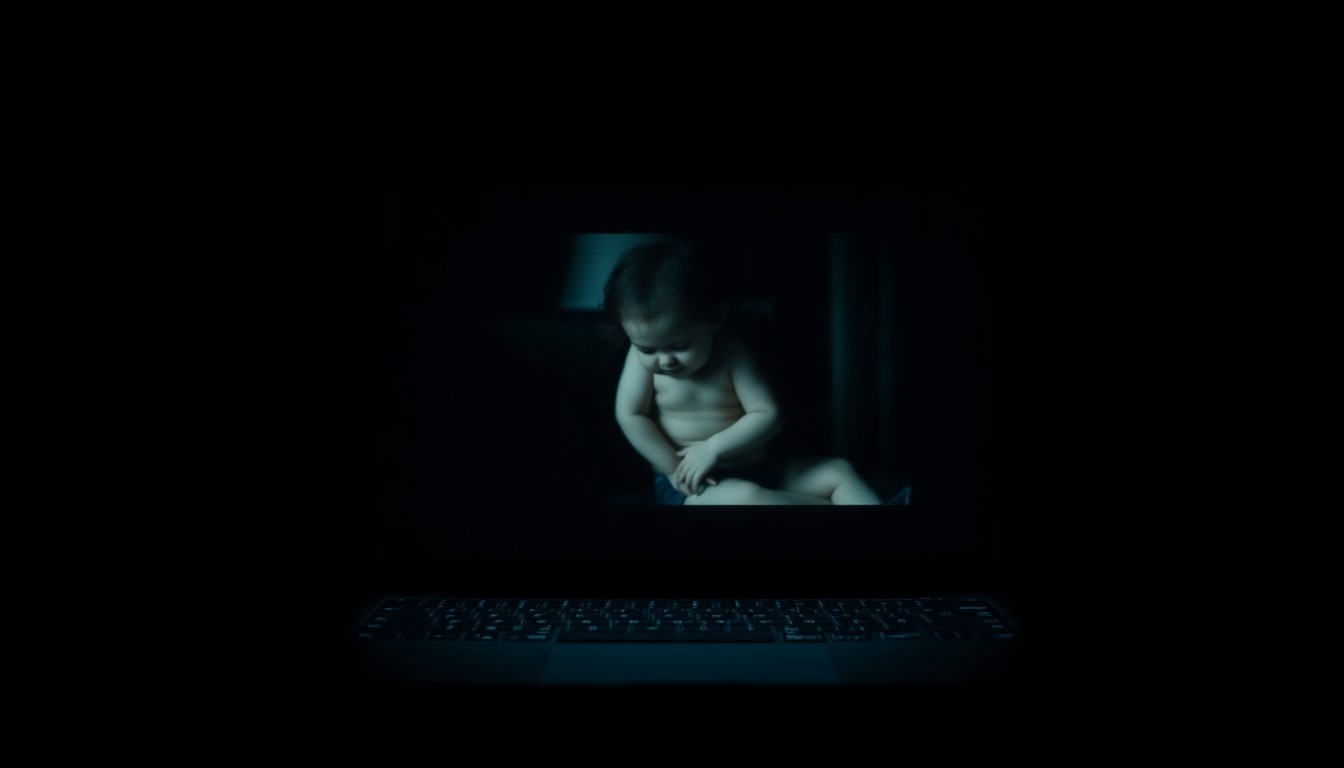 An extreme close-up photograph of a laptop screen showing a single frame from a video depicting the sexual abuse of a child, with harsh lighting and a stark, gritty aesthetic conveying the serious and disturbing nature of the crime.