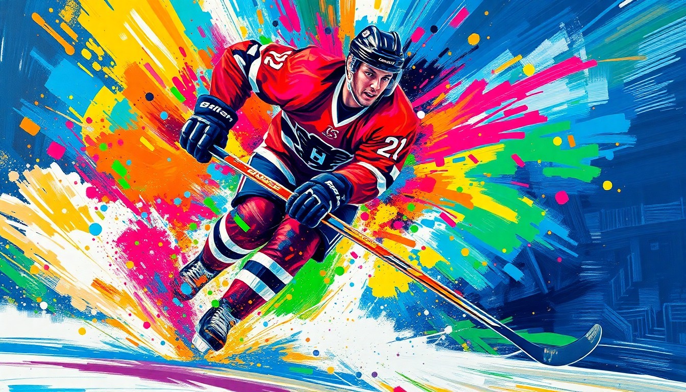 An abstract, expressionist painting depicting the explosive energy and movement of a hockey player scoring a goal, with vibrant neon brushstrokes and colors that obscure the player's identity.