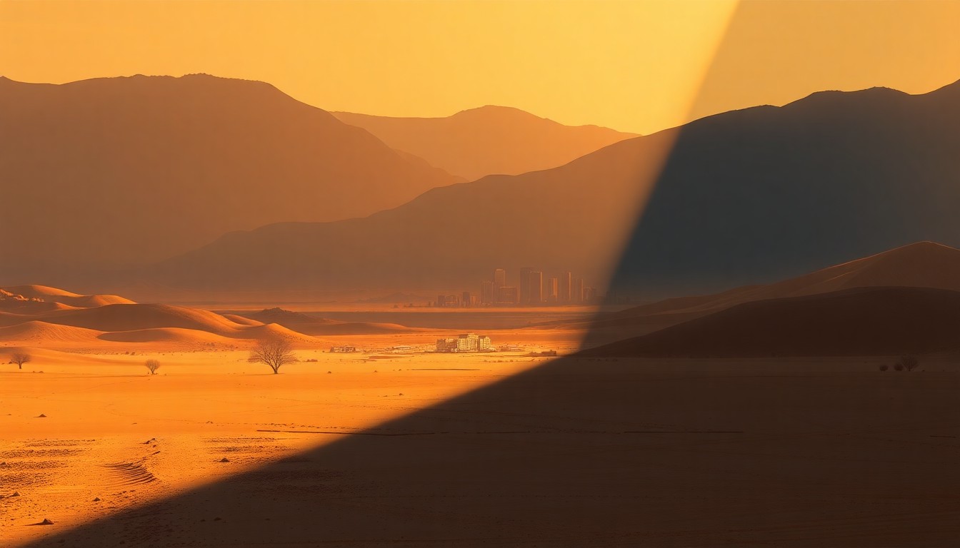 A serene, painterly landscape depicting a desert scene with a small cluster of buildings in the distance, bathed in warm, golden sunlight and deep shadows, conceptually representing the balanced approach to land management in Nevada.