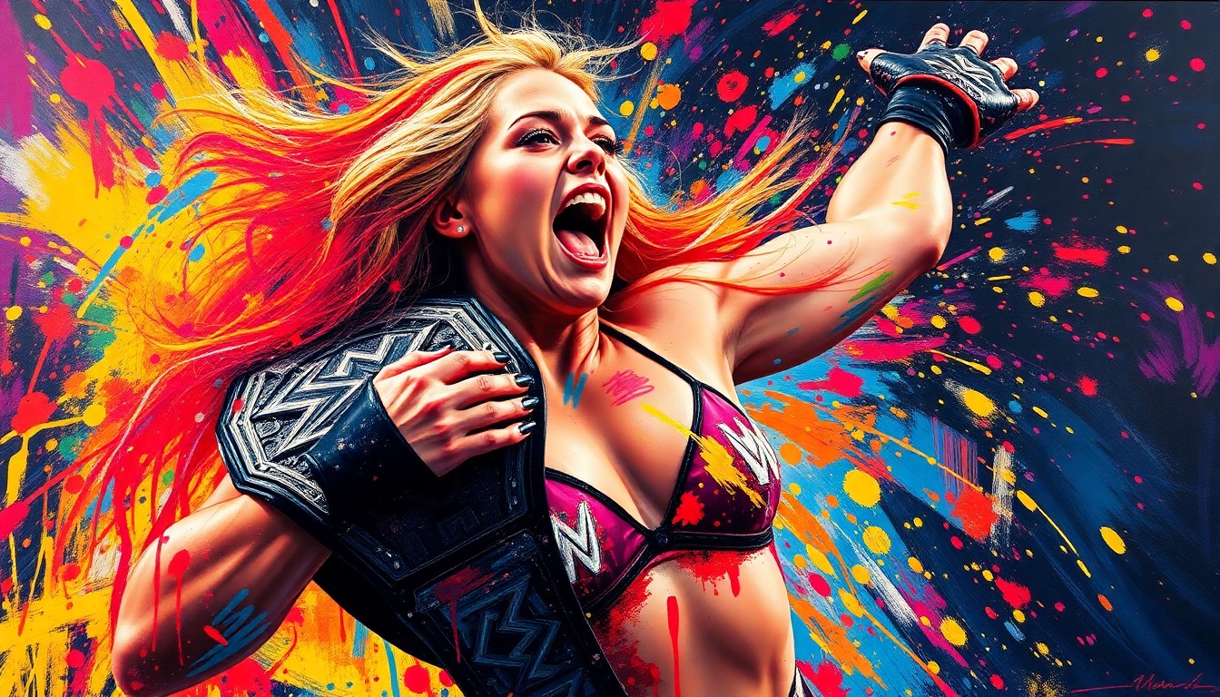 An abstract, energetic painting in neon colors depicting the dramatic wrestling action of Liv Morgan's WrestleMania 42 title victory, with her face and body dissolving into unrecognizable brushstrokes.