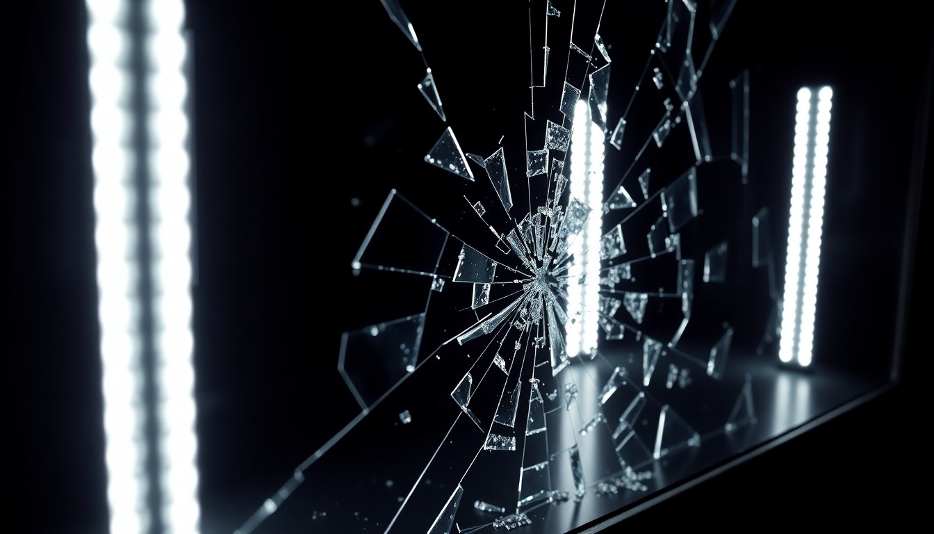 An extreme close-up photograph of shattered glass from a jewelry display case, lit by a harsh, direct camera flash against a pitch-black background, conveying a stark, gritty, investigative aesthetic.