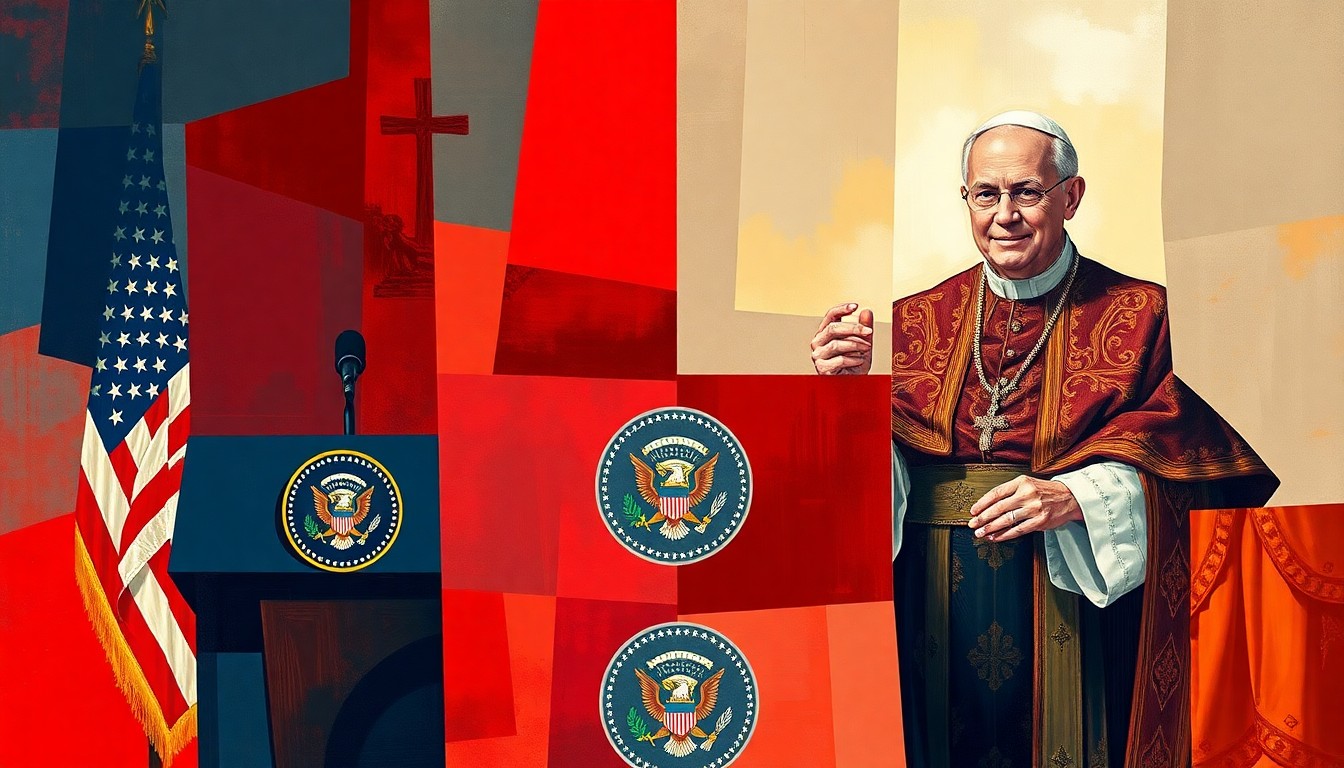 A dynamic, fractured painting featuring overlapping geometric shapes and waves of warm colors, depicting the contrasting symbols of political and religious power - a podium with the Presidential Seal and American flags, alongside the ornate vestments of the Pope.