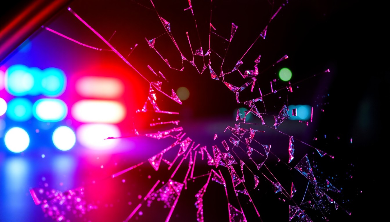 An extreme close-up photograph of shattered car window glass reflecting a single red and blue police light, conveying the aftermath of a high-speed chase and collision.