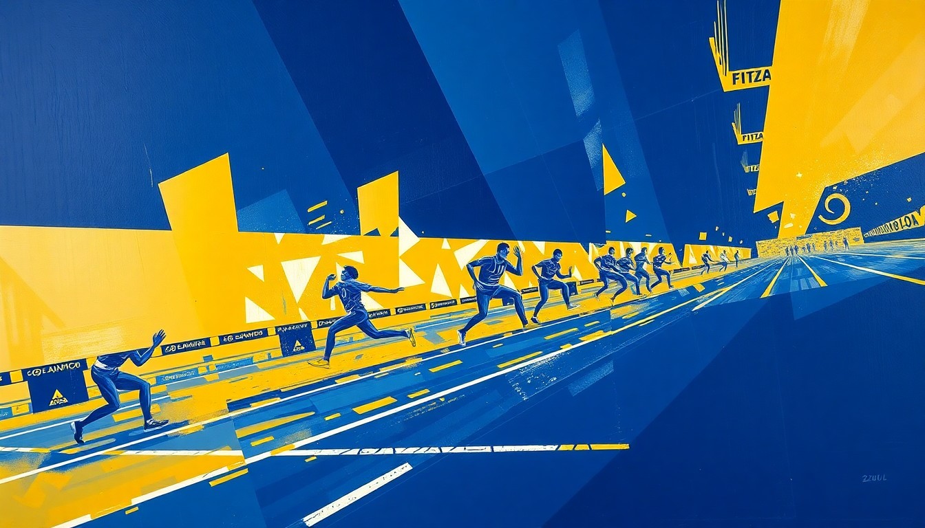 A cubist, geometric painting in navy blue and gold hues, depicting the dynamic motion and energy of a track and field competition.