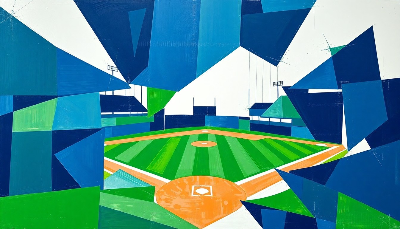 A cubist-style painting depicting the dynamic action of a college softball game, with players and the field fragmented into overlapping geometric shapes in navy, green, and white, conveying the energy and competitive spirit of the sport.