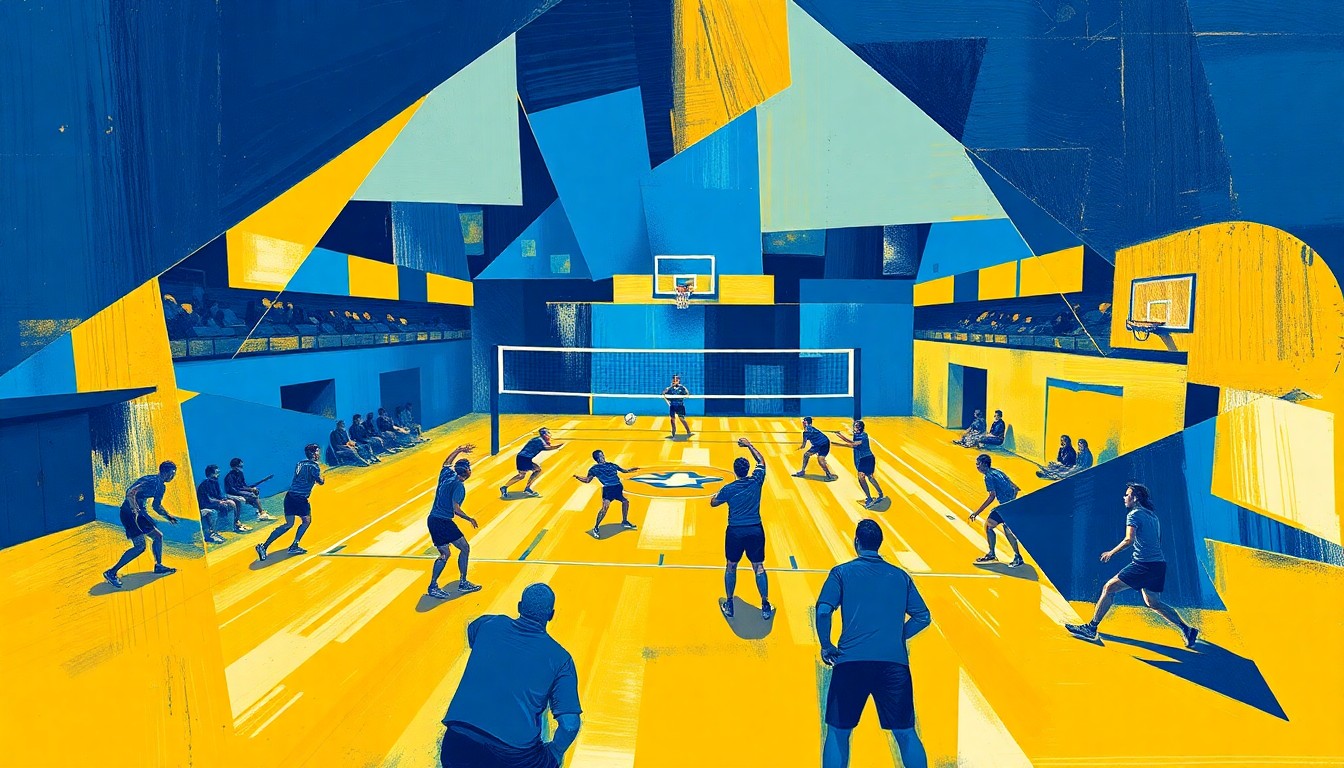 A fragmented, geometric painting in navy blue and gold hues depicting the dynamic action of a volleyball game, conveying the Sailfish's competitive spirit.
