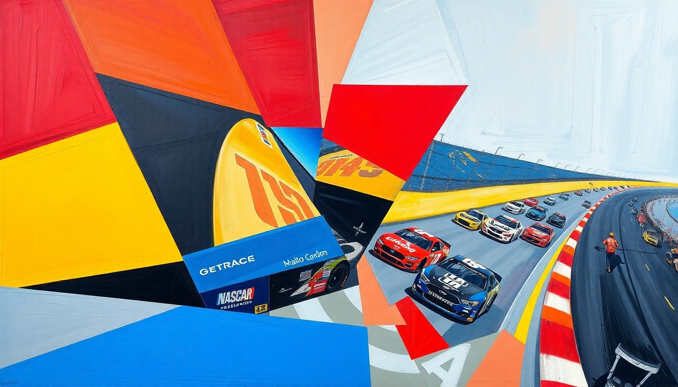 A cubist, geometric painting depicting a NASCAR race scene, with cars and track reduced to abstracted angular shapes in a vibrant color palette, conceptually representing the disruptive emergence of 23XI Racing as a new powerhouse in the sport.