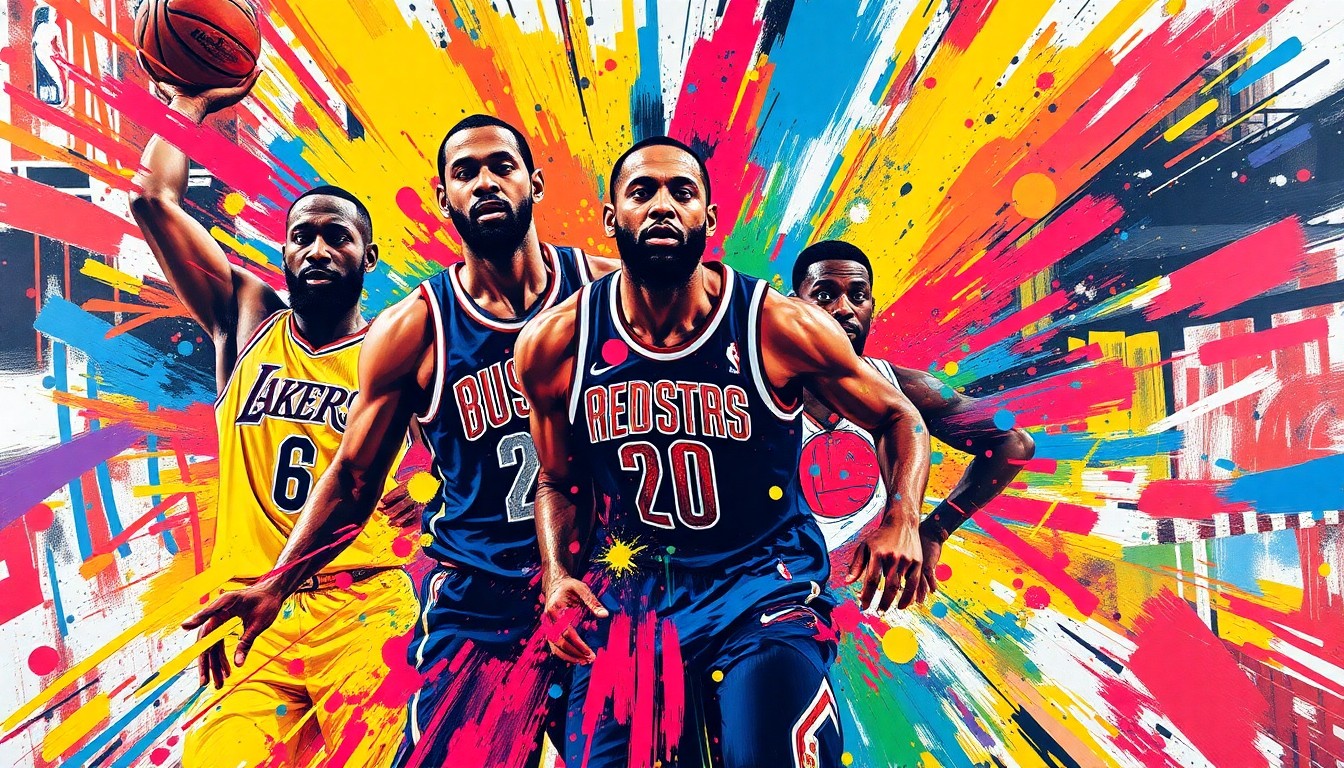 An abstract, expressionist painting featuring vibrant neon colors and rapid, energetic brushstrokes that capture the raw intensity of the NBA playoffs, with players and logos dissolving into unrecognizable splatters.