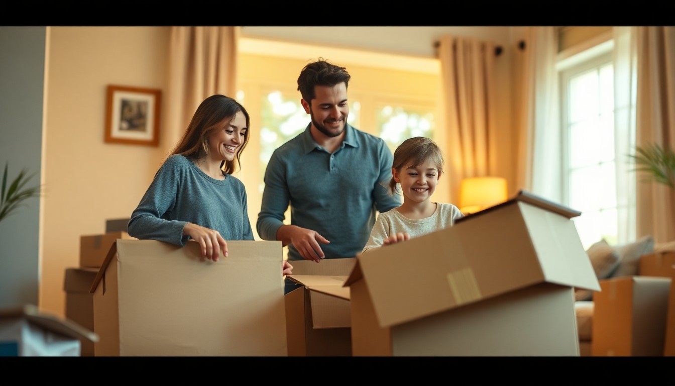 An abstract, impressionistic photograph of a family unpacking in a new home, with blurred shapes and warm, vibrant colors creating a sense of domestic comfort and celebration.
