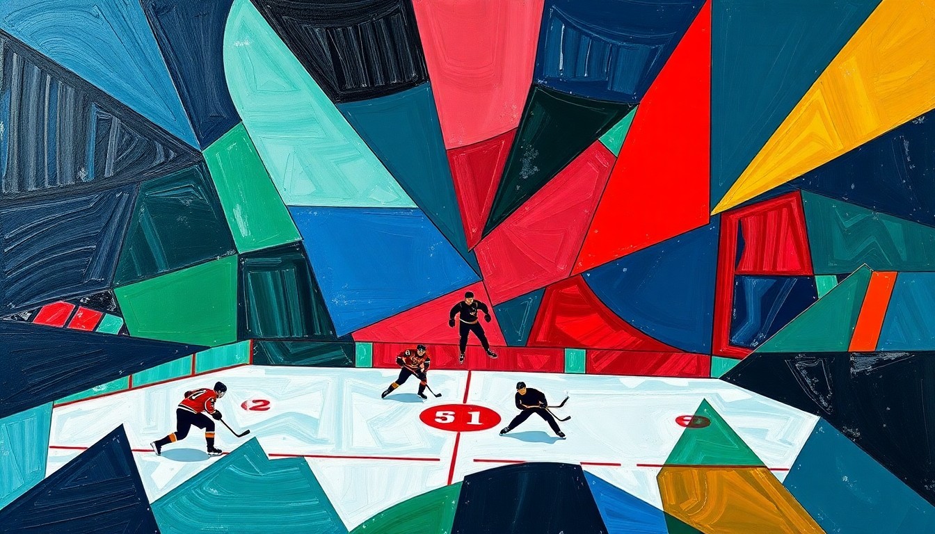 A cubist, geometric painting depicting a hockey game broken down into overlapping planes of navy, green, and red, conveying the intensity and drama of the playoff matchup.