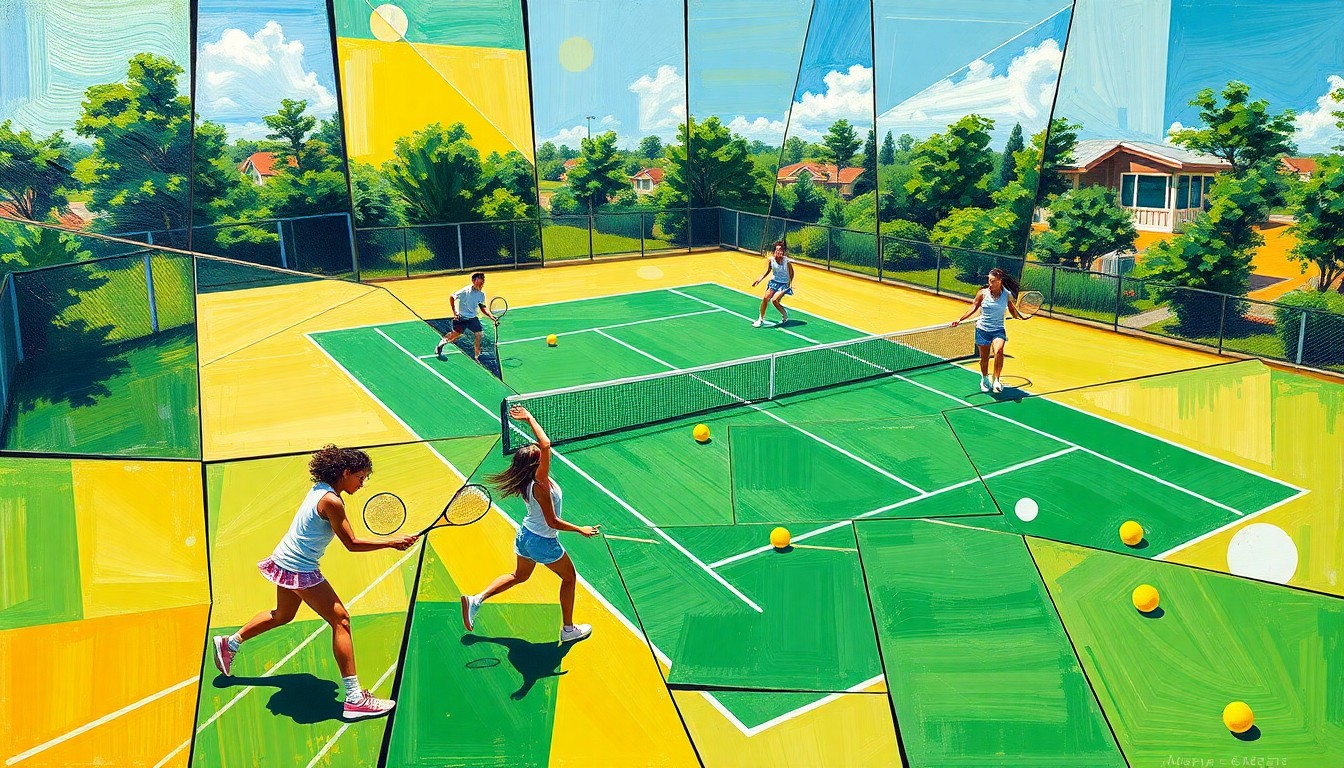 A cubist-style painting featuring overlapping geometric shapes and planes of bright green, yellow, and white, representing the dynamic action of a girls' high school tennis match.