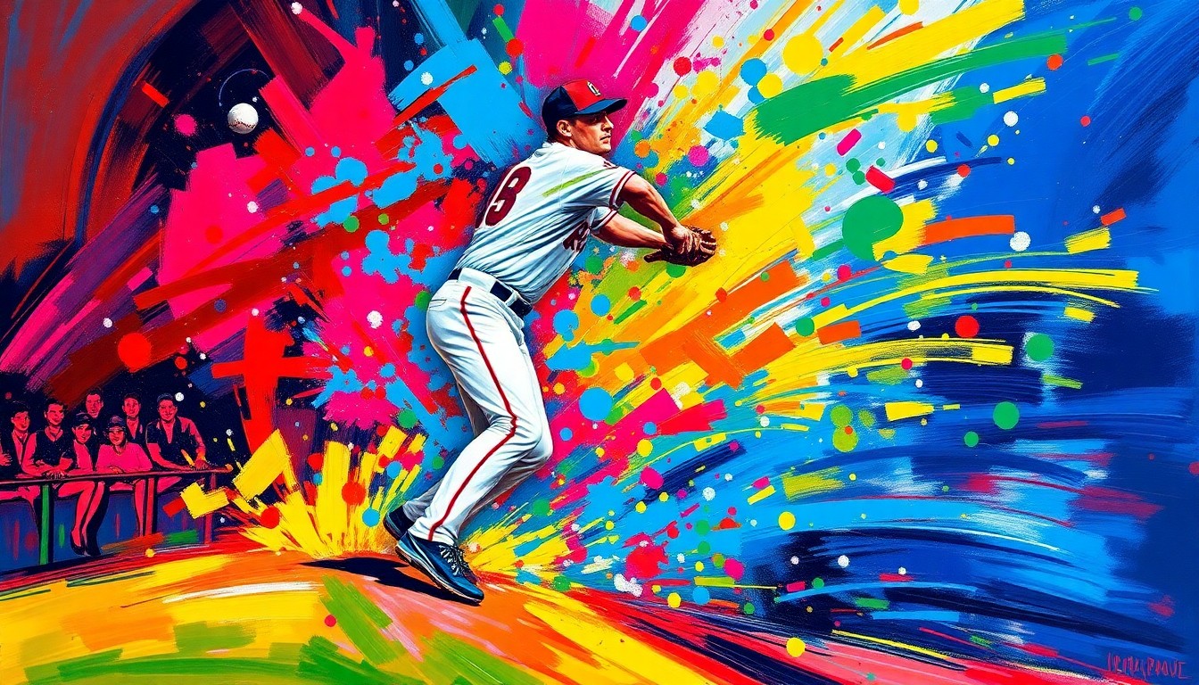An abstract, energetic painting depicting the intense motion and power of a baseball pitcher delivering a pitch, with the batter and catcher fading into a blur of vibrant, neon-colored brushstrokes.