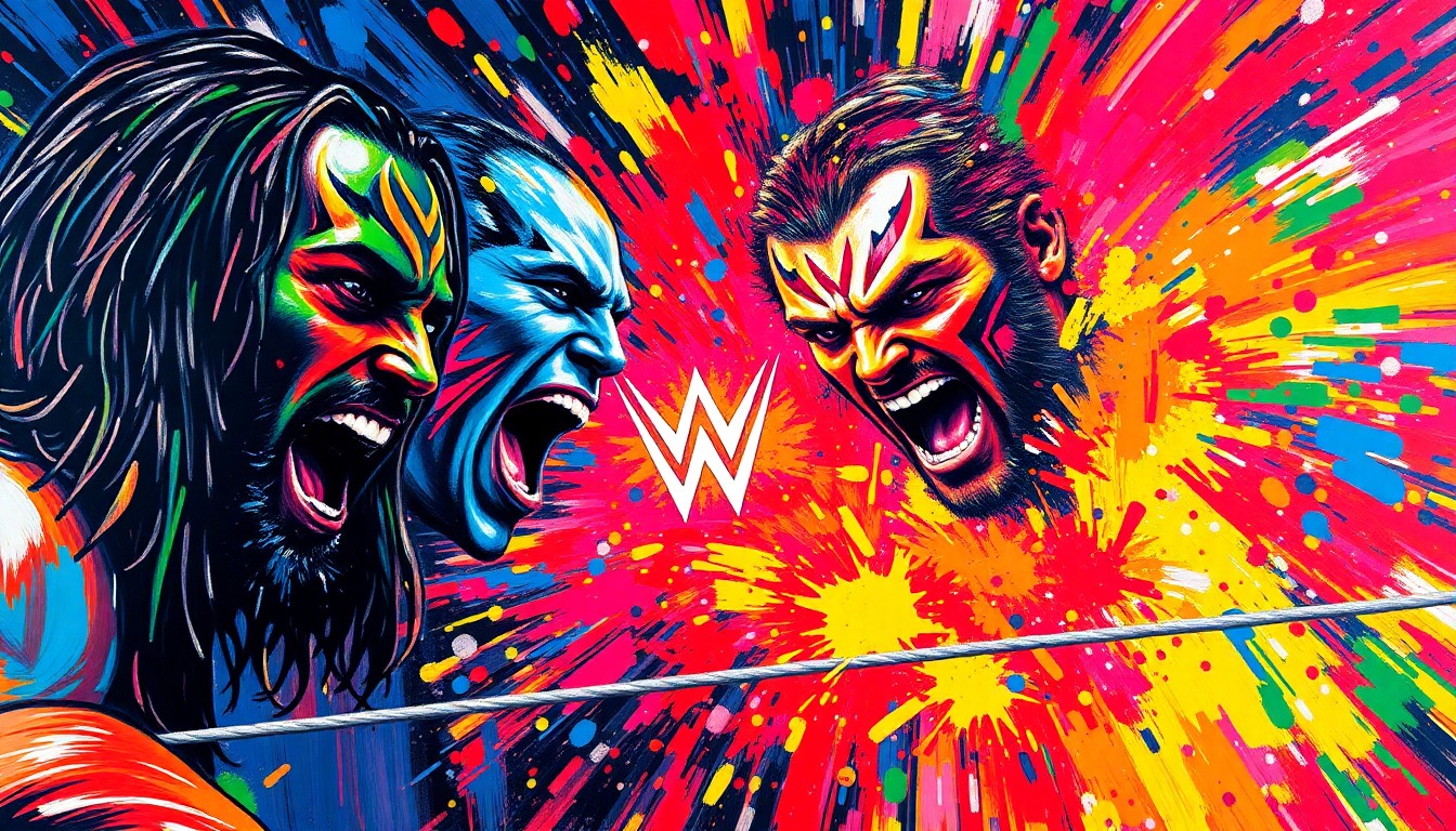 A vibrant, expressionist painting in neon colors capturing the raw energy and movement of a WWE wrestling match, with the faces and logos of the wrestlers dissolving into unrecognizable splatters of color.