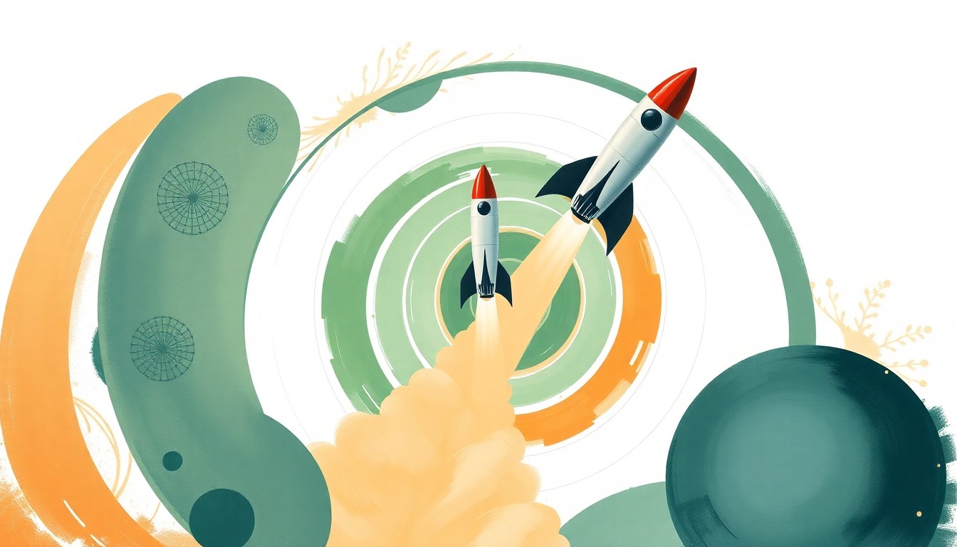 A vibrant abstract painting featuring sweeping geometric shapes and organic spirals in shades of green, blue, and ochre, conceptually representing the launch of a reusable rocket into space.