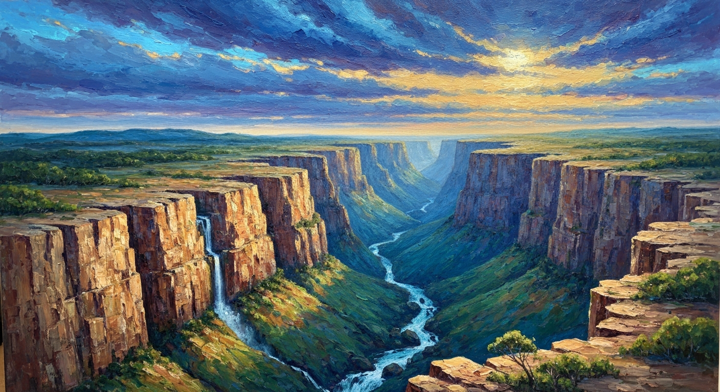 A heavily textured oil painting in shades of green, blue, and brown, depicting the dramatic gorges, cascading waterfalls, and lush foliage of Hacklebarney State Park, conveying a sense of tranquility and natural wonder.