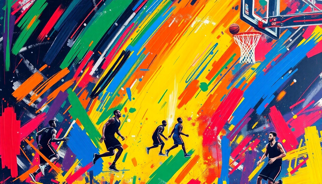 An abstract, expressionistic painting featuring bold, neon-colored brushstrokes that convey the raw energy and intensity of an NBA playoff game.