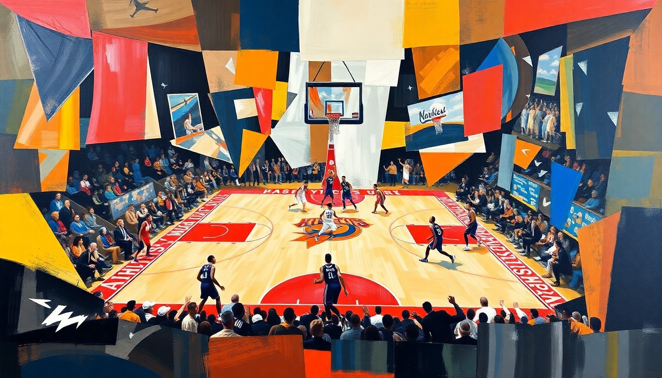 A fragmented, geometric painting depicting a basketball game, with players and the court broken down into sharp, overlapping shapes and planes, conveying the intensity and strategic nature of the matchup between the two teams.