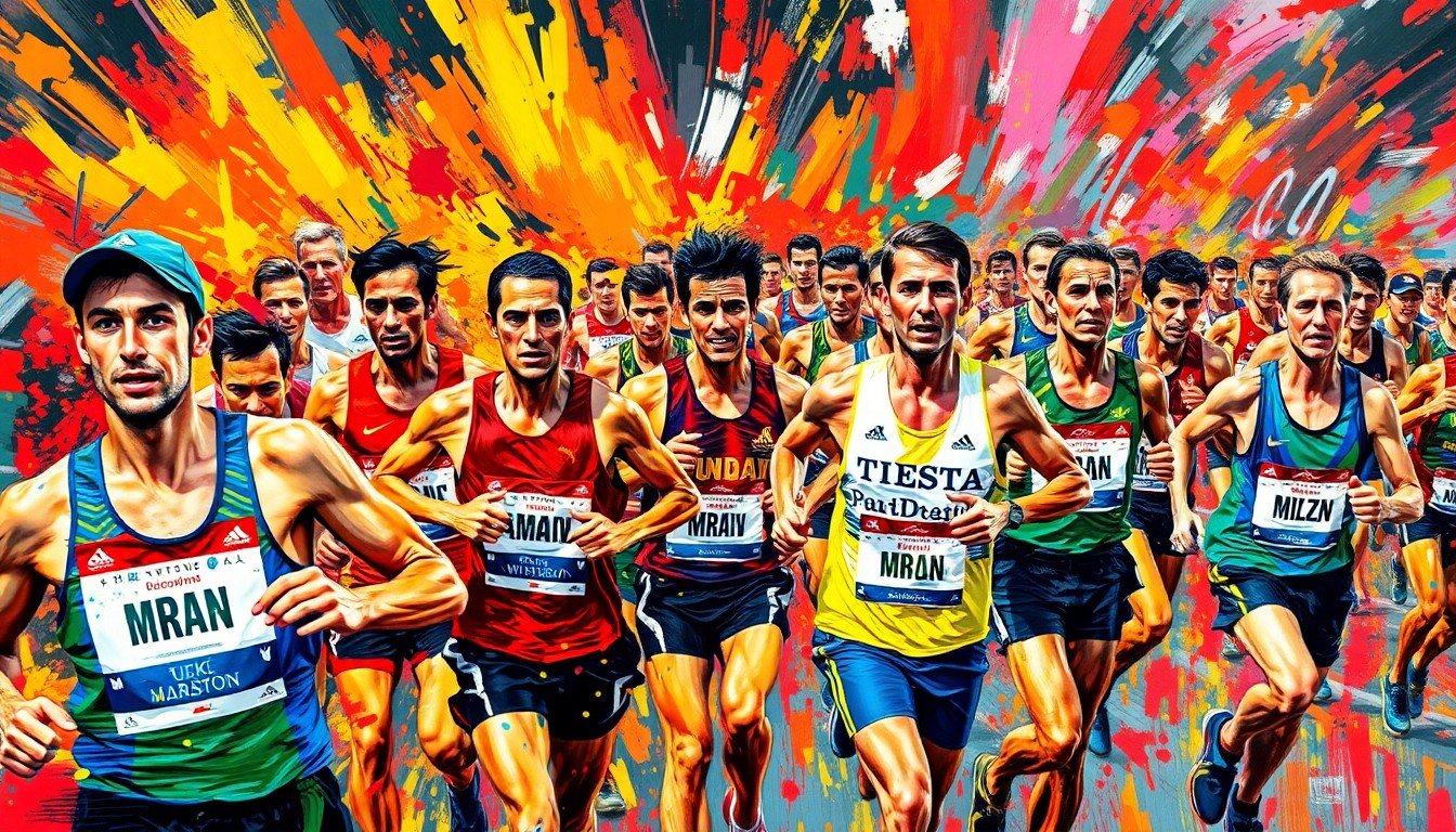 An abstract, expressionist painting in neon colors depicting the blurred motion and energy of runners in the Boston Marathon, with no identifiable faces or details.