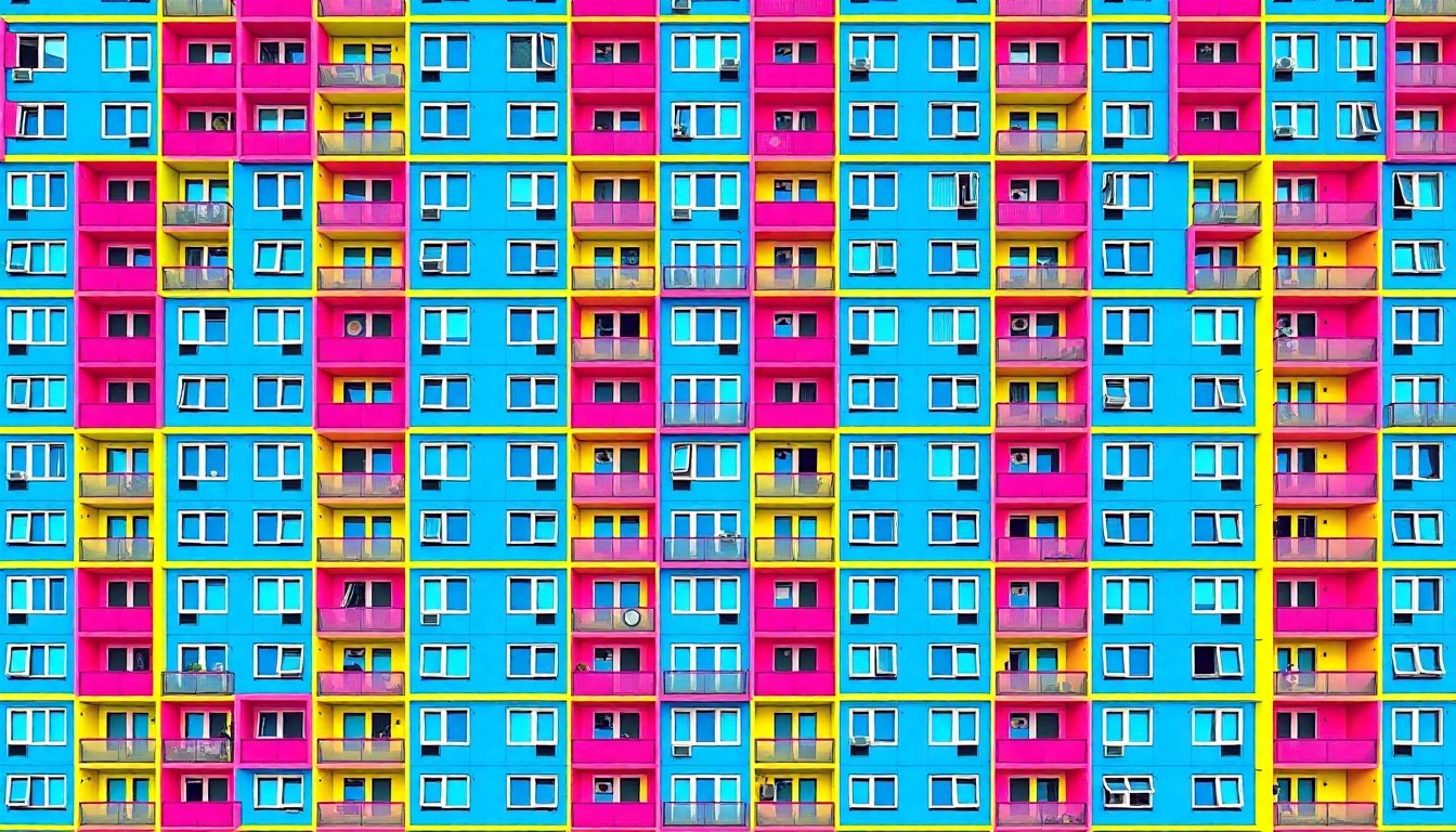 A bold, colorful silkscreen-style illustration featuring a repeated pattern of a modern apartment building facade in neon blue, pink, and yellow, capturing the concept of urban redevelopment and new housing opportunities.