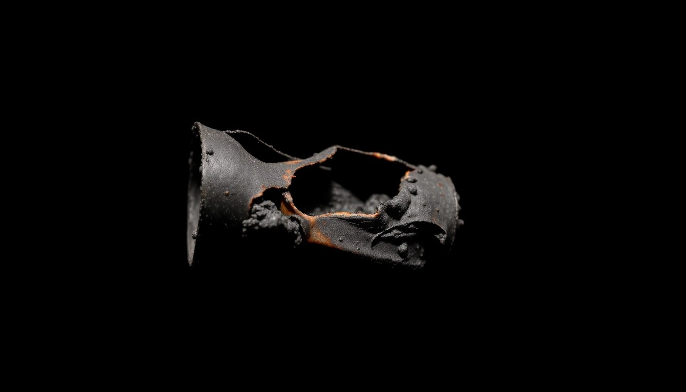 An extreme close-up photograph of a charred and twisted metal object, conveying the sudden, gritty aftermath of a fire incident.