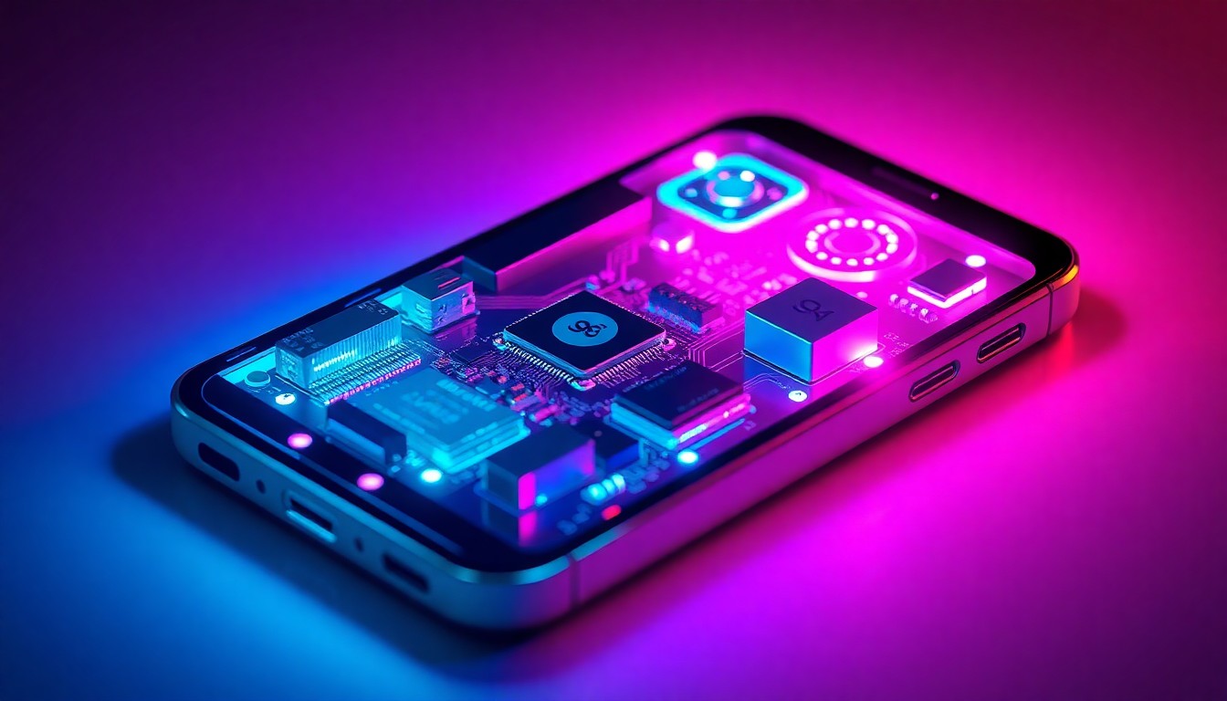 A close-up, highly detailed illustration of a smartphone's internal components glowing with neon cyan and magenta lights, representing the complex technology that powers our everyday devices.