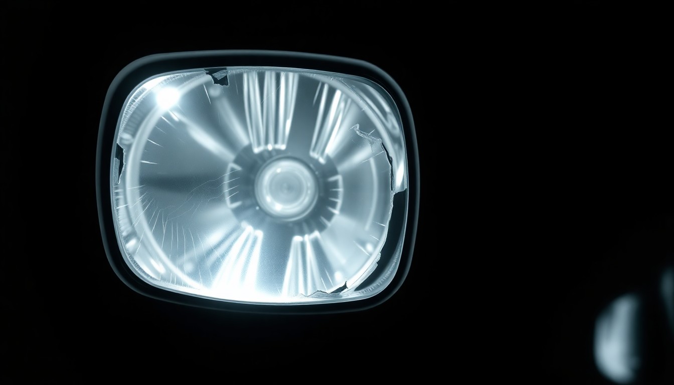 An extreme close-up photograph of a damaged car part, such as a side mirror or headlight lens, against a stark black background, conveying the sudden and dramatic nature of the incident without depicting any actual violence or victims.