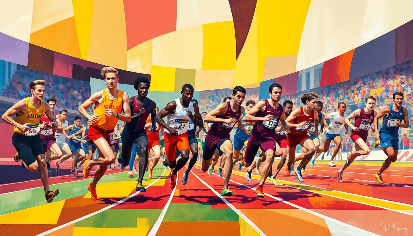 A fractured, multi-perspective painting in vibrant maroon and gold colors, depicting the dynamic movements of track and field athletes in competition.