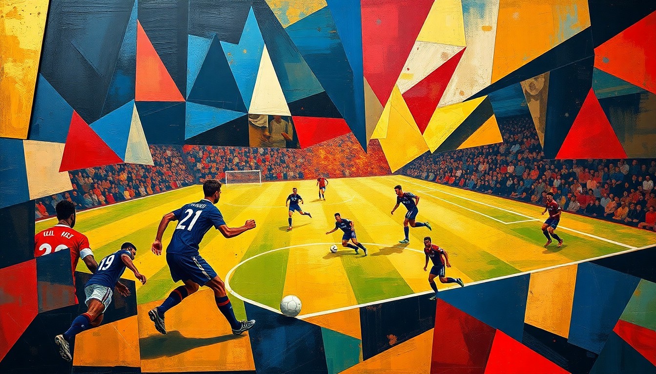 A fragmented, geometric painting depicting the dynamic soccer match between the Chicago Fire and FC Cincinnati, with players and the field represented as angular, overlapping shapes in a bold color scheme.
