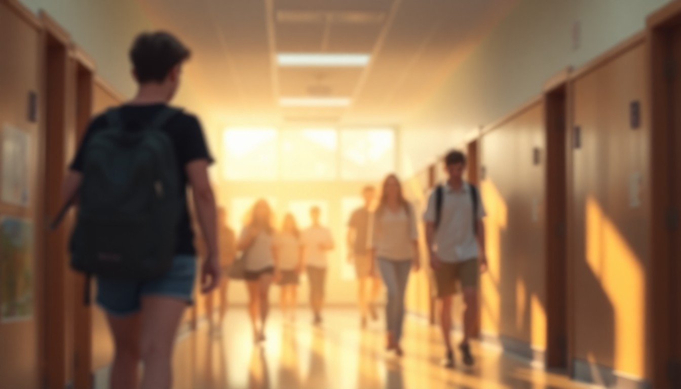 An abstract, impressionistic scene of high school students moving through a softly lit hallway, conveying a sense of motion and community.