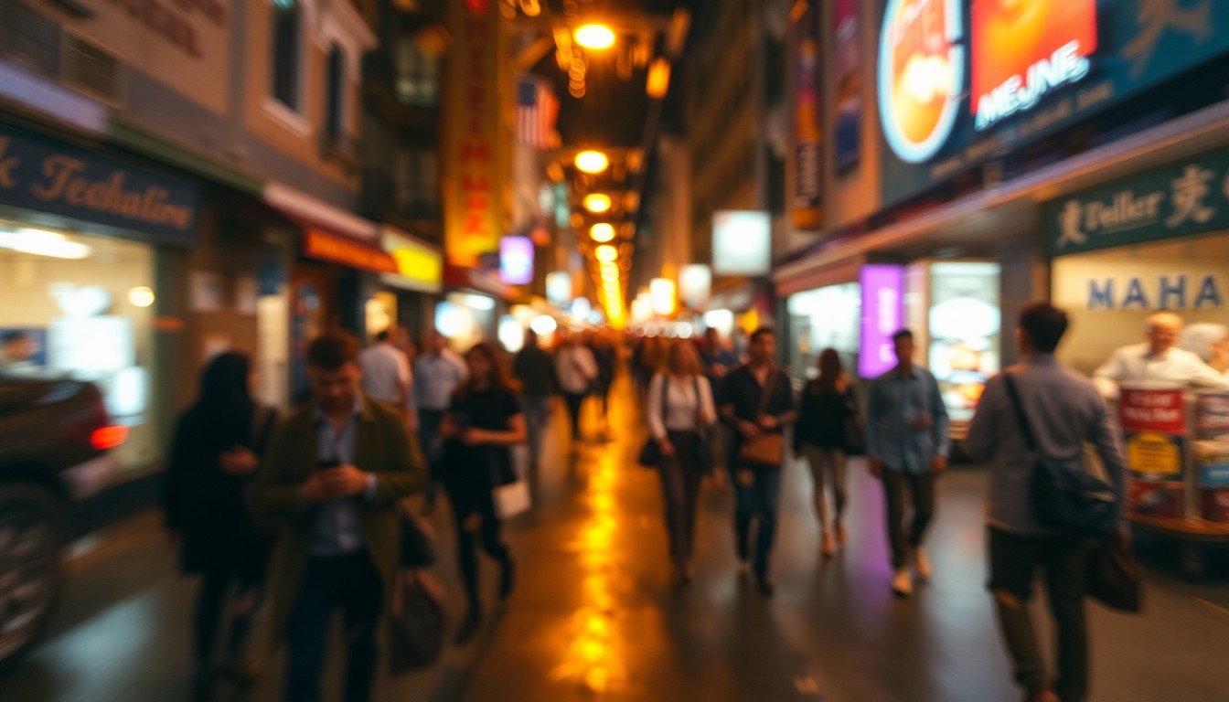 An extremely abstract, out-of-focus photograph showing a blurred, dreamlike scene of people walking through a lively urban neighborhood at night, with pools of warm, colorful light and shadow, conceptually representing the themes of community and resilience explored in the Haitian film screening.