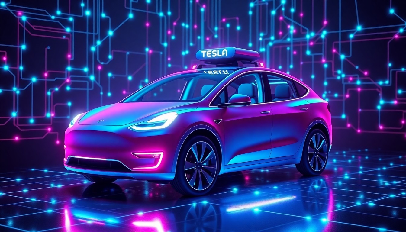 A highly detailed, glowing 3D illustration of a Tesla robotaxi vehicle with neon cyan and magenta lights illuminating its sleek, futuristic design, surrounded by a network of interconnected digital infrastructure, conceptually representing Tesla's advanced autonomous driving technology.
