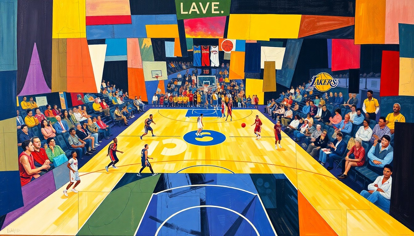 A cubist, geometric painting depicting a basketball game between the Lakers and Rockets, with the players and court rendered in sharp, overlapping planes of vibrant colors representing the teams' uniforms and court markings.