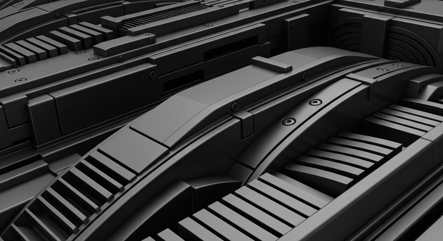 A highly detailed, cinematic close-up view of heavy, industrial banking machinery and equipment in shades of steel gray, charcoal, and gunmetal, conveying a sense of institutional financial power and security without using literal currency or charts.