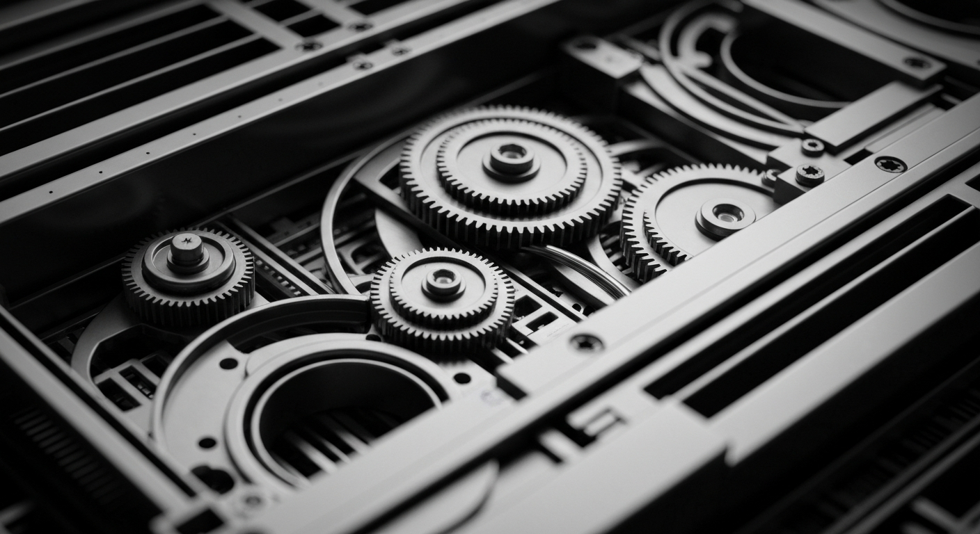 A high-contrast black and white close-up image of the internal mechanisms and gears of a complex financial software system, conceptually representing the technical challenges facing Intapp's cloud-based platform.