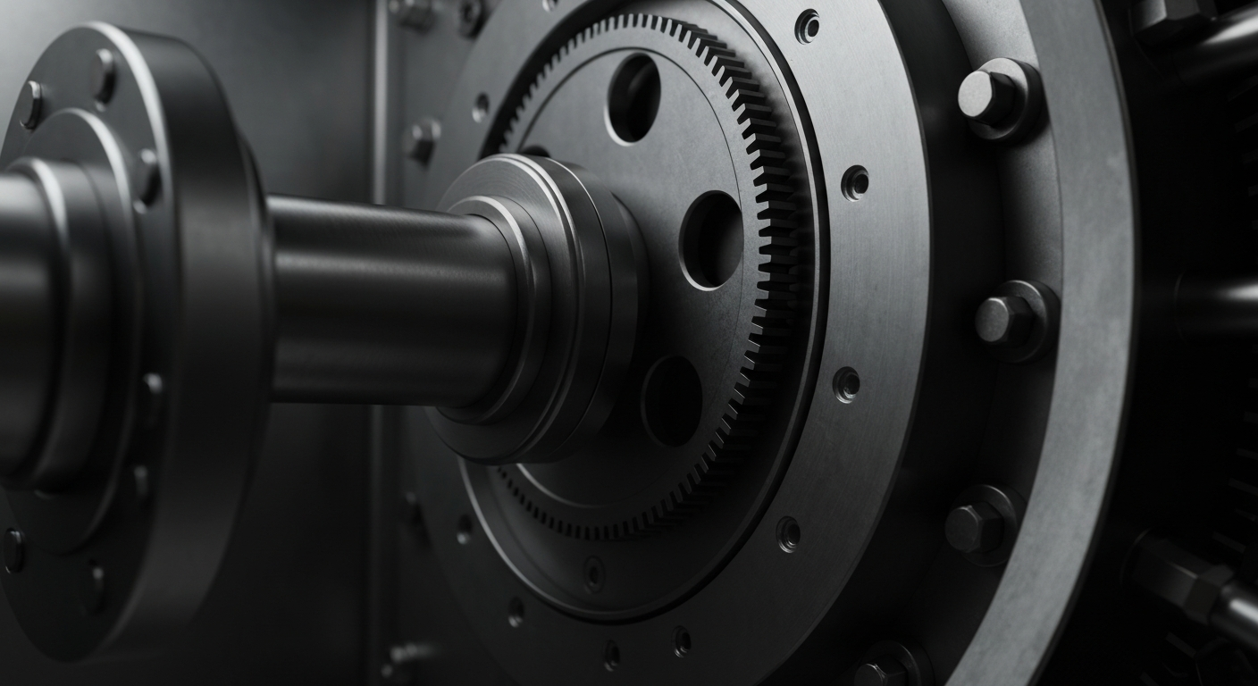 An extreme close-up of the heavy, industrial components and mechanisms that make up the inner workings of a bank vault, conveying a sense of strength, security, and financial stability.