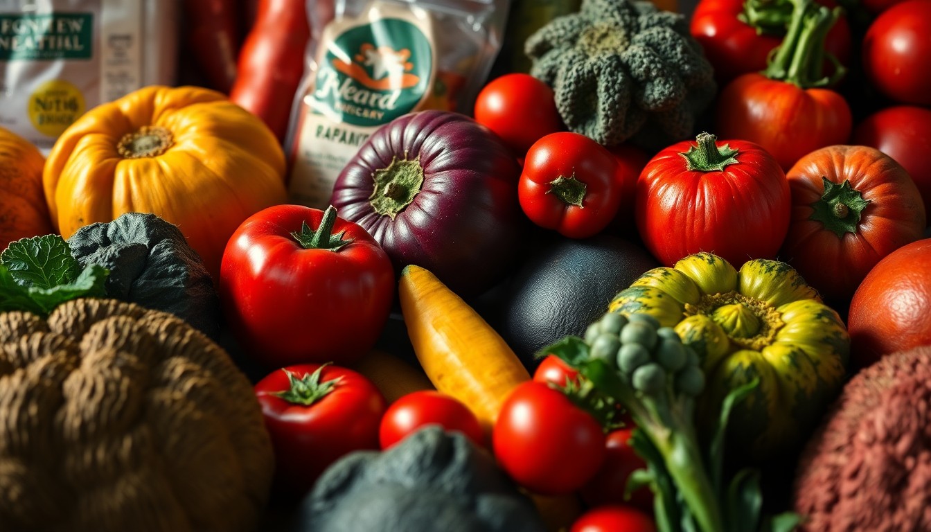 An extreme close-up of lush, textured organic produce and natural health products in vivid colors, conceptually representing the diverse offerings and community spirit of Rainbow Grocery Cooperative's 50th anniversary celebration.