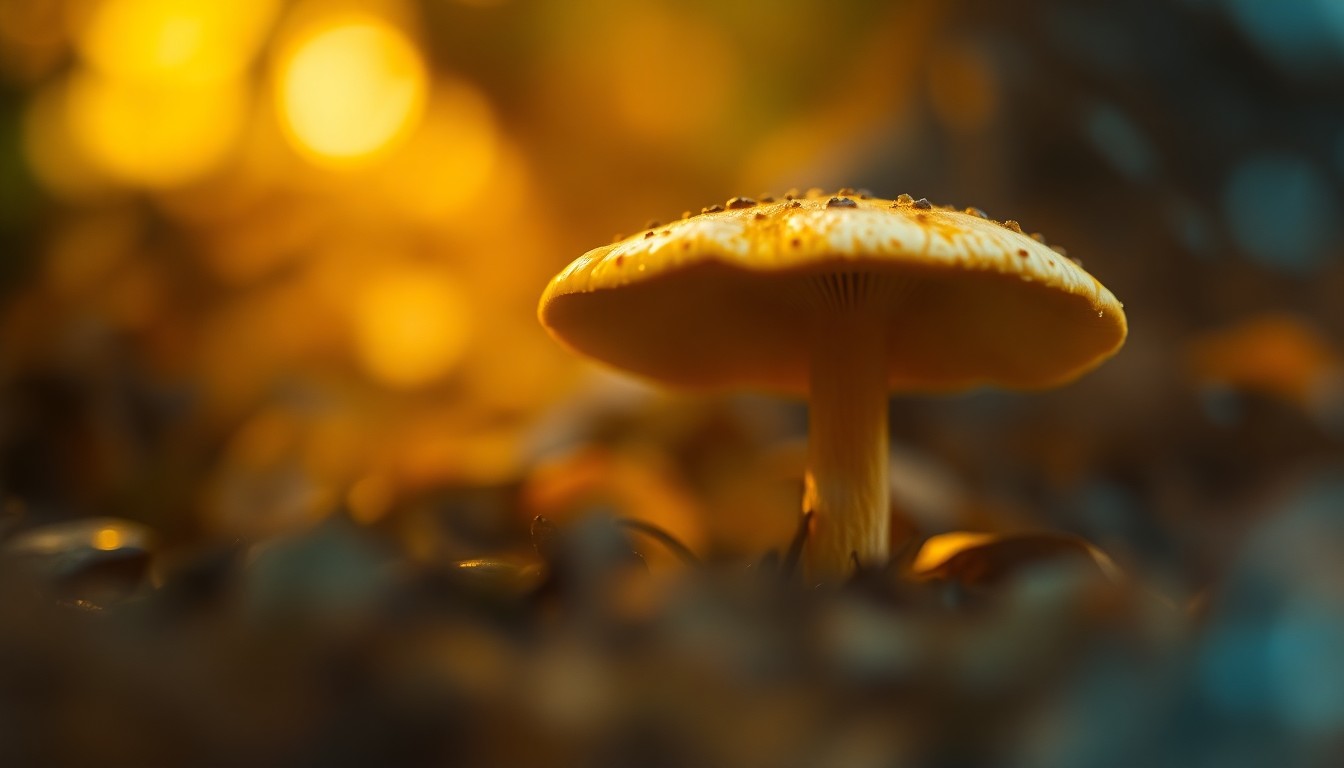 An abstract, impressionistic photograph of a morel mushroom emerging from the forest floor, captured in soft, blurred pools of warm, earthy colors and hazy light.