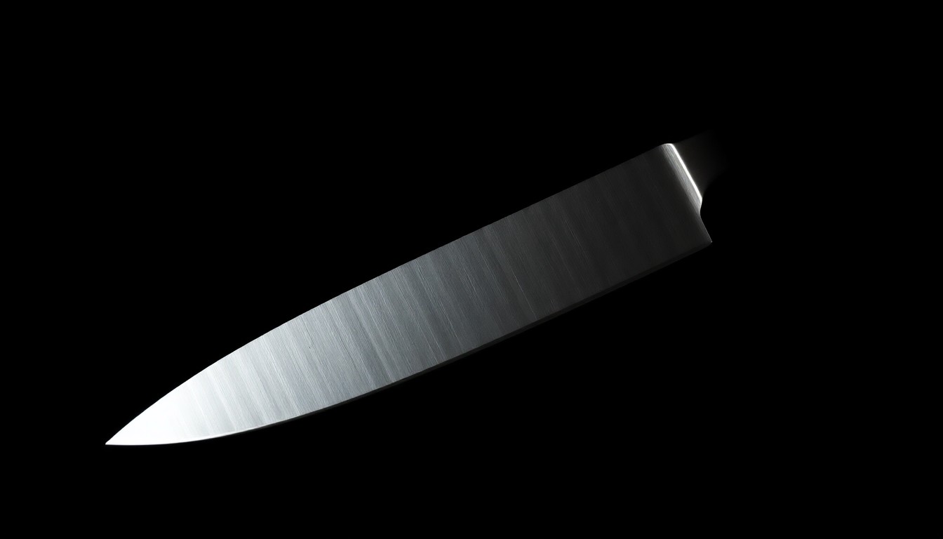 An extreme close-up photograph of a knife blade against a pitch-black background, lit by a harsh, direct camera flash, conceptually representing the evidence and investigation of a violent crime.