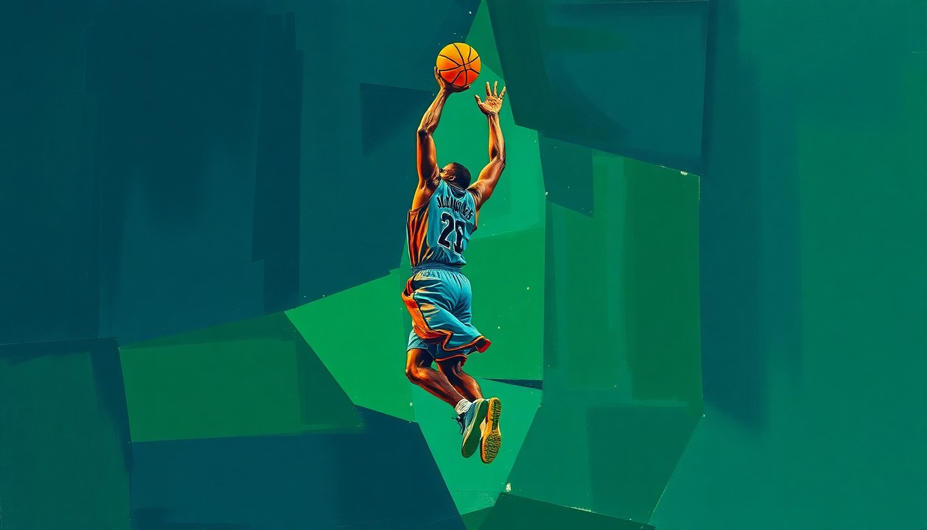 A fragmented, geometric painting depicting a basketball player in mid-jump shot, with sharp planes of navy, green, and orange overlapping to create a dynamic, abstract composition.