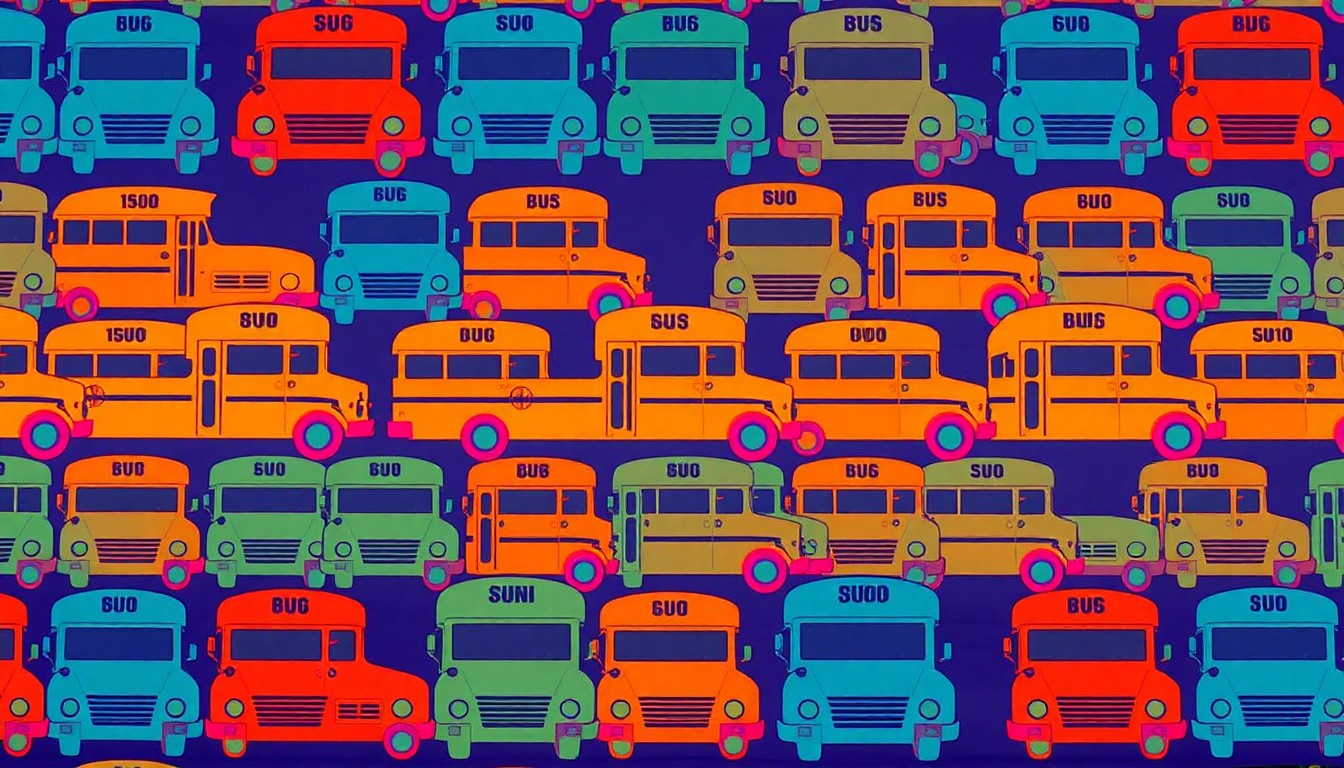 A highly stylized, pop art-inspired illustration featuring a repeating grid of school bus icons in neon pink, yellow, and blue, conveying the disruptive impact of school calendar shifts on local families.