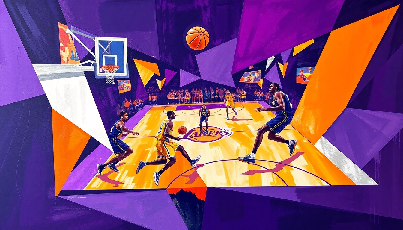 A cubist-inspired painting depicting a basketball game, with angular, overlapping geometric shapes in shades of purple, orange, and silver representing the players' movements and the ball's trajectory.