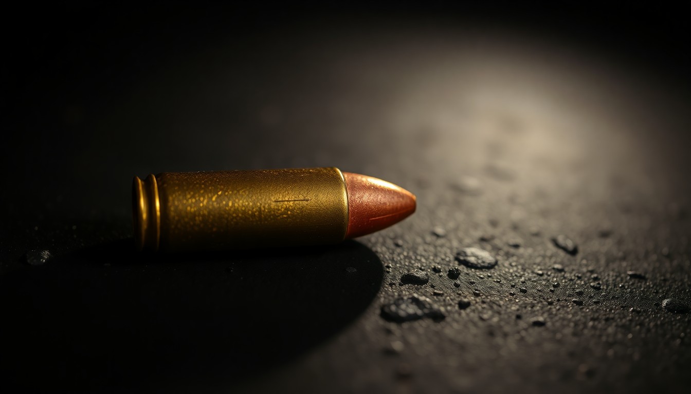 An extreme close-up photograph of a single spent bullet casing on a dark, textured surface, lit by a harsh, direct camera flash, conceptually illustrating the evidence from an accidental shooting incident.